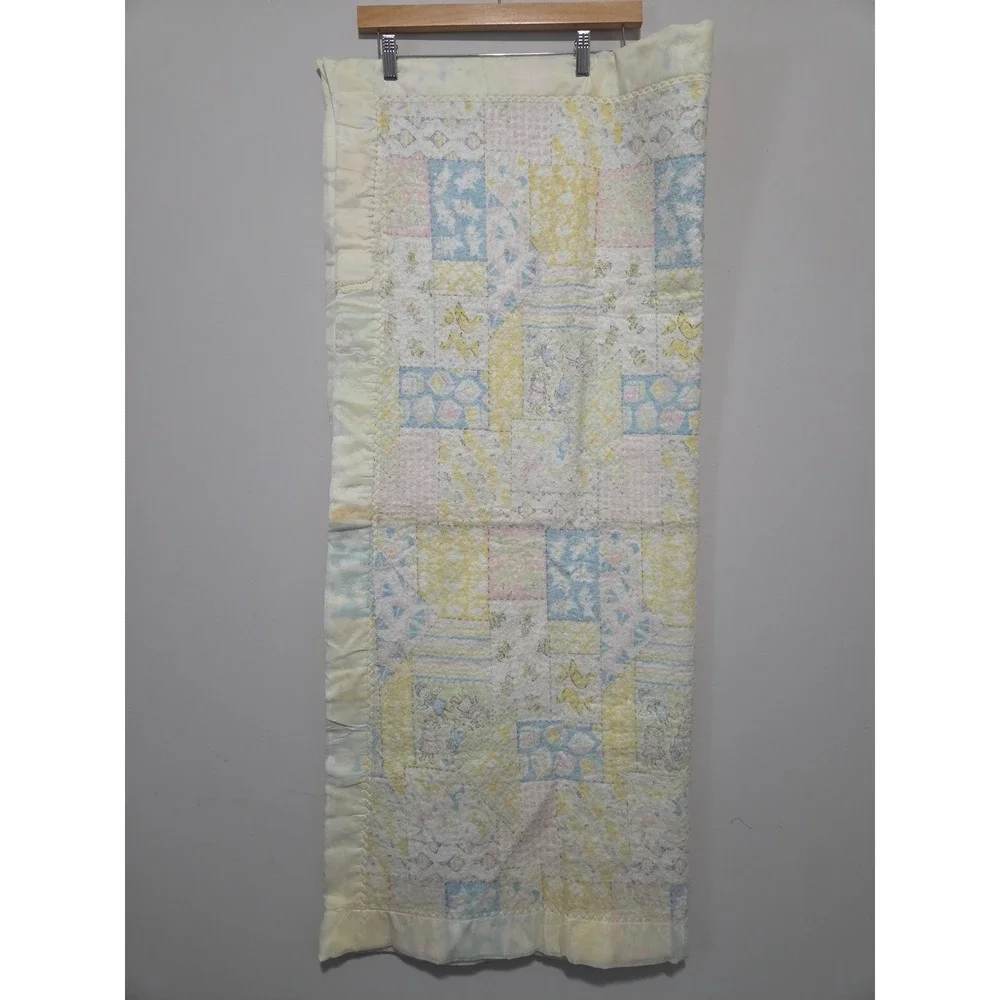 Vintage Handmade Patchwork Baby Quilt Pastel Nursery Blanket Satin Trim Fair